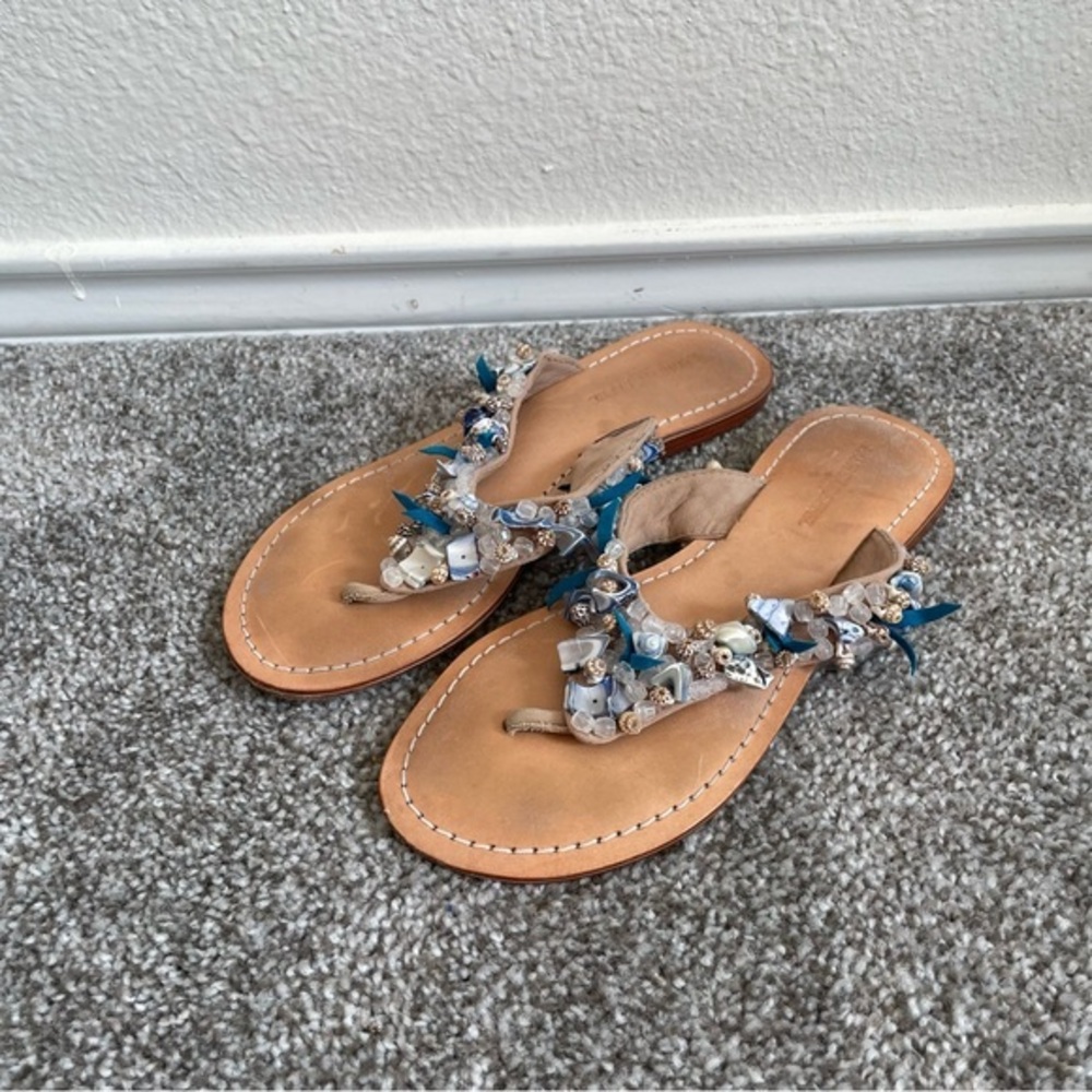 Laurent Effel Thong Sandals Women’s 38/ 8 Beaded Flip Flops Soft Leather Blue